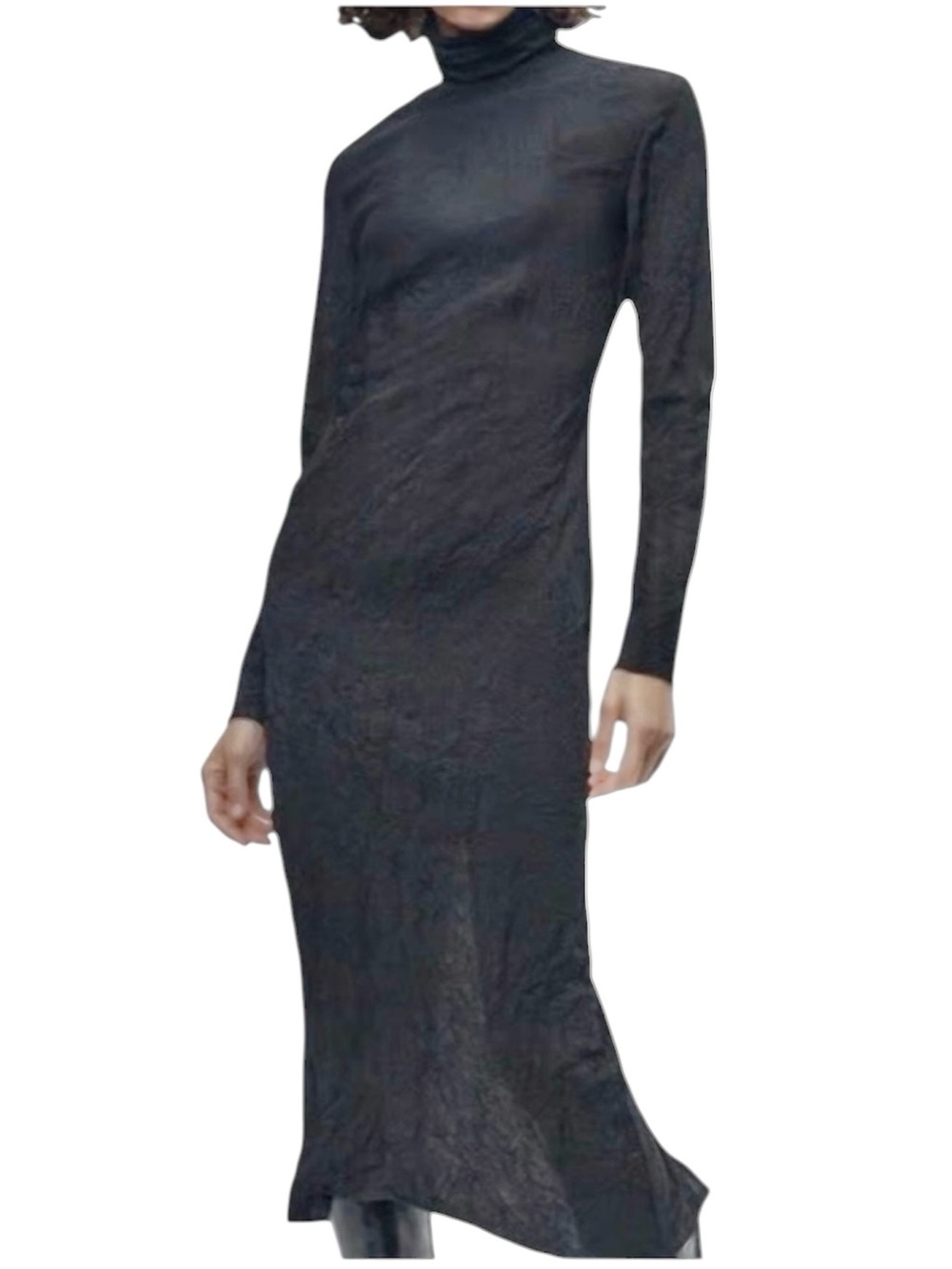 ZARA New Black Crinkle Long Sleeve Maxi Dress High Neckline Zipper Arms Small